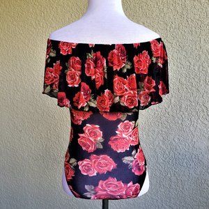 EUC Ultra Flirt Black Sheer Bodysuit w/ Rose Pattern Ruffle Off Shoulder Sz M